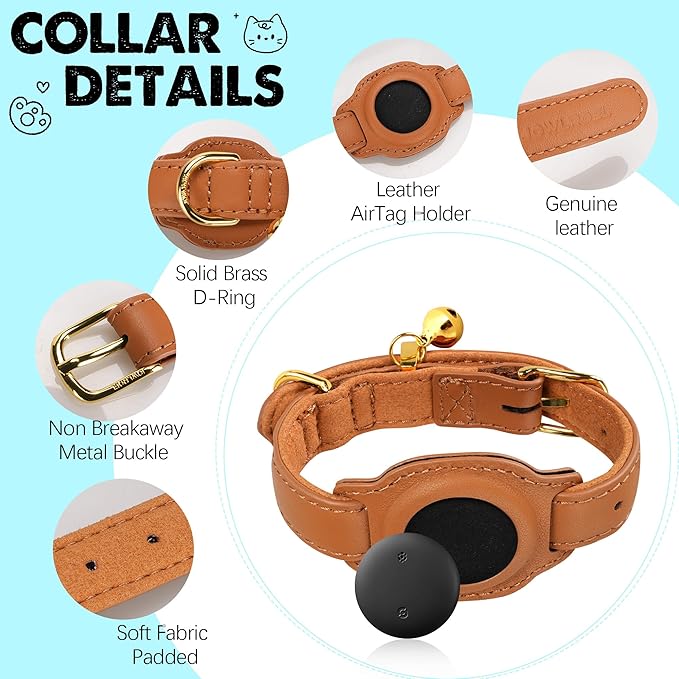 Cat Tracker, GPS Pet Tracker for Cats (Only iOS), Leather Cat Collar with Tracker, Works with Any Collar, No Monthly Fee, Compatible with Apple Find My App not for Android (Light Brown)
