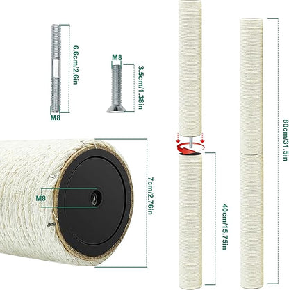 4 PCS Cat Scratching Post Replacement, 15.7in M8 Sisal Cat Tree Replacement Posts with Screws, Natural Sisal Refill Poles for Indoor Cat Tree Repair
