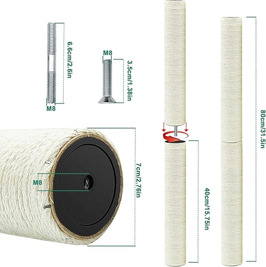 4 PCS Cat Scratching Post Replacement, 15.7in M8 Sisal Cat Tree Replacement Posts with Screws, Natural Sisal Refill Poles for Indoor Cat Tree Repair