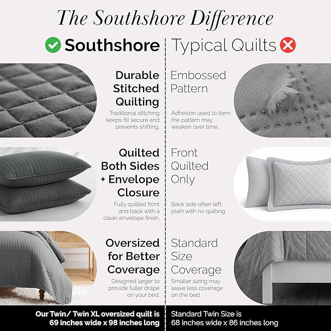 Southshore Fine Living, Inc. Twin Summer Quilts Set, Quilted Grey Bedspread Twin/XL Quilts with Matching Pillow Sham, Soft Microfiber, Lightweight Quilt Coverlet Set, Easy Care, Slate Grey