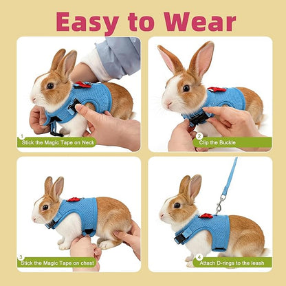 AIITLE Rabbit Harness and Leash Set with Cute Bow, Soft Breathable Mesh Vest Harness for Rabbits Kitten Ferret Puppy Small Pets Walking Supplies Blue L