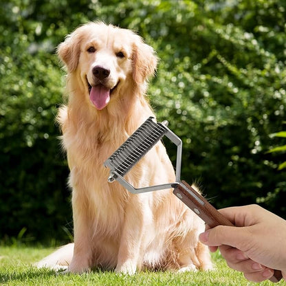 Large 2-Sided Undercoat Rake for Dogs and Cats，Professional Pet Grooming Shedding Tool Combs for Animals，Stainless Steel with Wooden Handle for Thick Coats (20-Blades)
