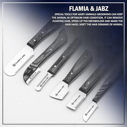 FJ Professional Stripping Knife kit (6 pieces set) for Dogs & Pets, Wooden Handle Grip with Stainless Steel Blade (Right handed) (Black)