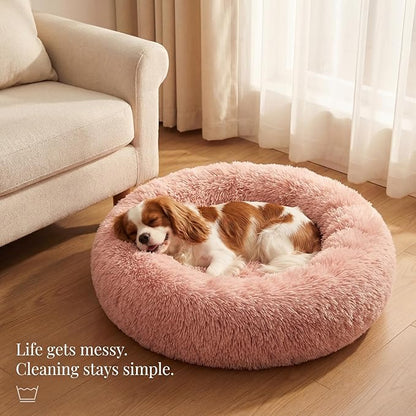 Calming Dog Bed for Medium Dogs Washable Donut 30 inches Anti-Slip Pet Bed,Round Fluffy Plush Faux Fur Cat Bed,Fits up to 45 lbs Pets,Pink