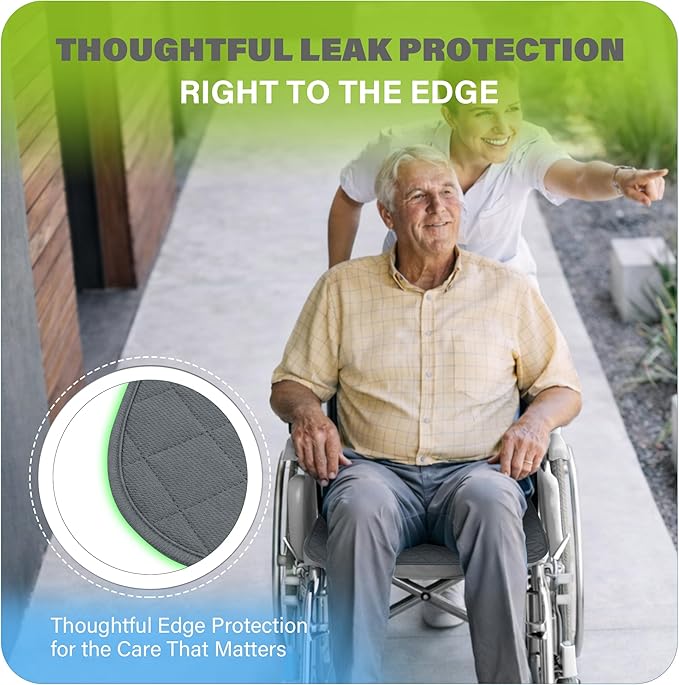 SPRING SEAON Waterproof Chair Pads for Adults & Elder, 22" x 21" Washable Reusable Incontinence Pads, Non-Slip Wheelchair Seat Cover for Bed, Car, Recliner & Protecting Patient Dignity (Gray, 2 Pack)