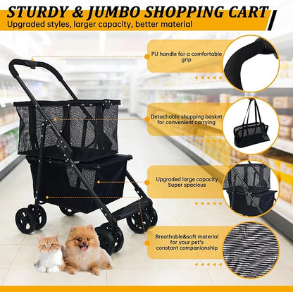 Folding Shopping Cart & Pet，110lbs ，2-in-1 Personal Cart with Removable Basket & Lower Dogs Stroller，Single-Hand Fold, Collapsible Utility Trolley Cart for Groceries, Laundry, Camping & Pet Traveling