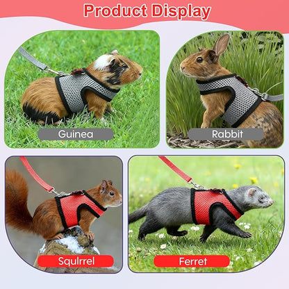 Guinea Pig Harness and Leash，2packs Guinea Pig Clothes Baby Ferret Rats Hamster Soft Mesh Harness Leash for Decoration，Hamster Harness can be Adjusted to Any Size. (Red + Grey)