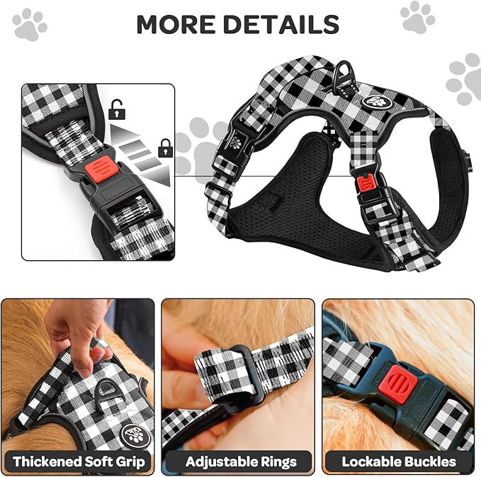 FURRYFECTION Plaid Dog Harness for Medium Dogs, Reflective No Pull Adjustable Pet Vest with Front Clip, Leash, Easy Control Handle and Seat Belt, Beige&White, M