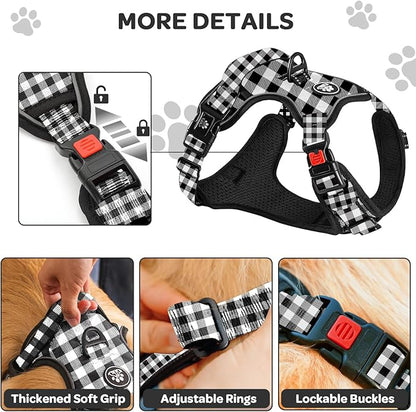 FURRYFECTION Plaid Dog Harness for Small Dogs, Reflective No Pull Adjustable Pet Vest with Front Clip, Leash, Easy Control Handle and Seat Belt, Beige&White, S