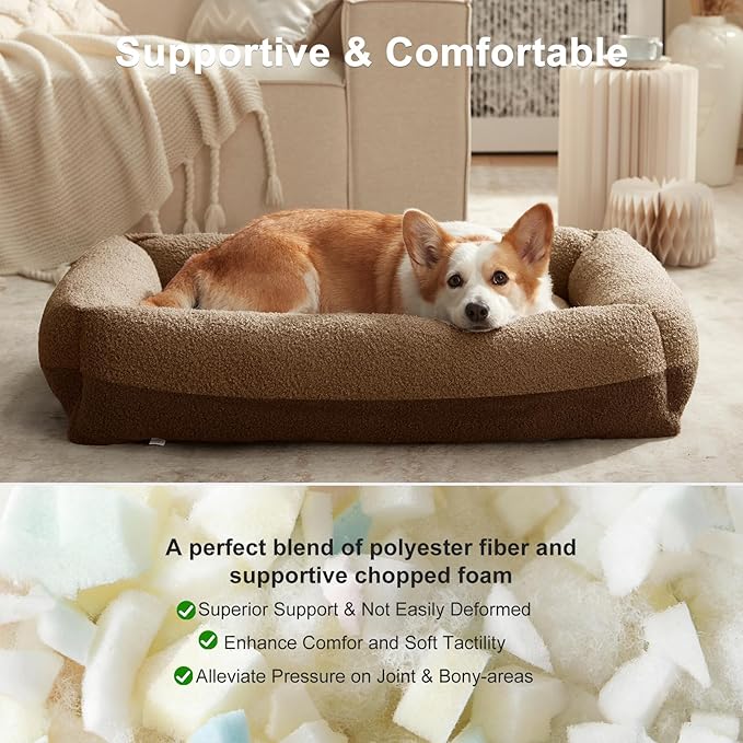 FURTIME Washable Dog Bed Extra Large Sized Dogs, Washable Comfy Fluffy XL Dog Bed, Removable Zipper Cover Machine Wash, Durable Sleeping Pet Cuddler Bed with Anti-Slip Bottom, 42x30x8 in, Brown