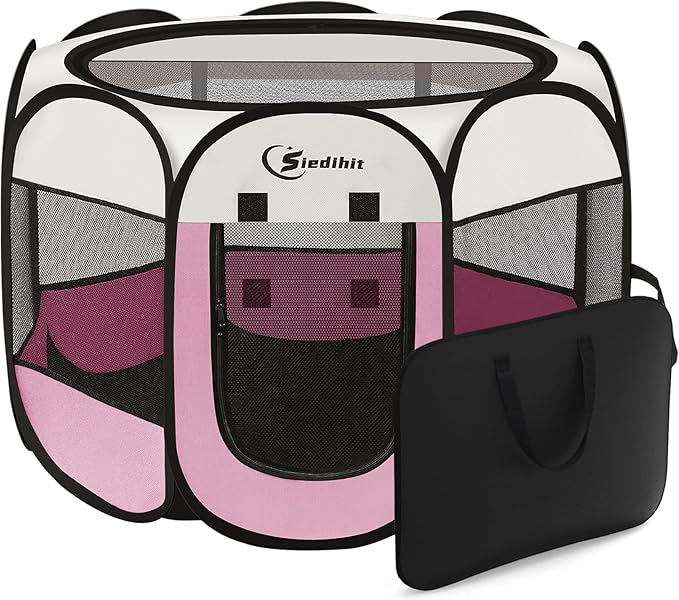 Siedihit Pink Puppy Playpen for Middle Dog Cat, Dog Tent Crates Cage Indoor/Outdoor, Portable Pop Up Dog Kennel with Carrying Bag for Rabbits, (Pink, Medium)