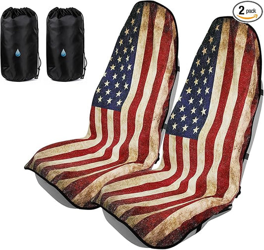 American Flag Car Seat Cover Towel, Waterproof Sweat Protector for Gym Post-Workout & Beach, Universal Fit for Sedans SUV Minivan, Machine Washable Non-Slip Bucket Seat Mat - 2 Pack