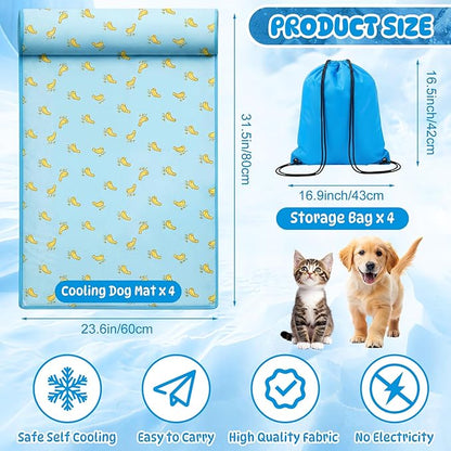 DoubleFill 4 Pack Cooling Dog Mats with Supportive Pillow 23.6" x 31.5" Self Cooling Dog Pads Ice Silk Washable Pet Cool Mat Summer Cat Sleeping Pad with Storage Bag for Crate Bed Floor (Large, Blue)