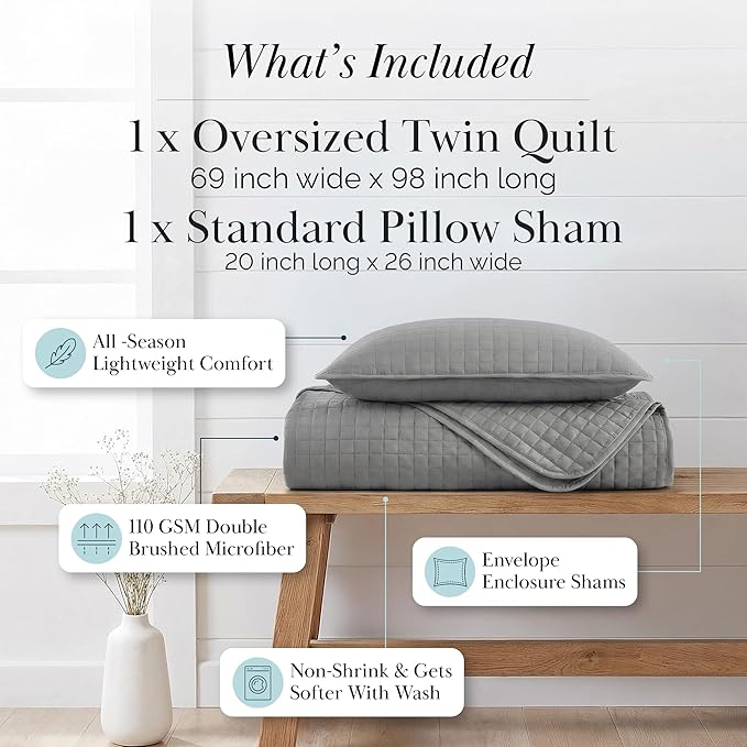 Southshore Fine Living, Inc. Twin XL Comforter Quilt Bedding Set, Dorm Room Bedding Essentials, Stain Resistant, Machine Washable Bedspread Twin XL Grey Quilt Bed Spread with Pillow Sham, Steel Grey