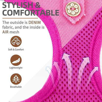 PUPTECK Dog Harness and Leash Set for Small Medium Dogs No Pull Step-in Soft Mesh Puppy Cat Vest Harnesses Reflective at Night, Denim Pink S