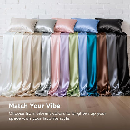 Bedsure Satin Sheets Queen Size - 4 Piece Silky Bedsheets with Elastic Corner Straps and 15 Inches Deep Pocket Fitted Bedsheet,1 Flat Sheet, 2 Satin Pillowcases, Good for Hair &Skin(Queen,Silver Grey)