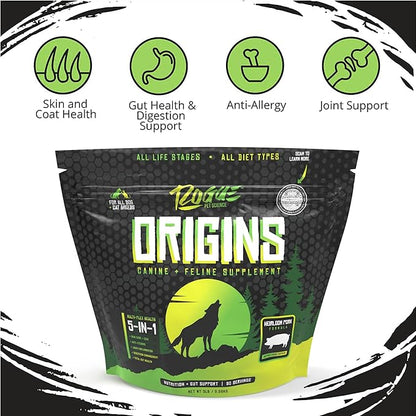 Rogue Pet Science Origins 5-in-1 Dog Supplement - Powdered Food Topper w/Natural Heirloom Pork Protein- Supports Healthy Digestion, Skin, and Coat - Helps Reduce Itching & Joint Inflammation (5 lbs)