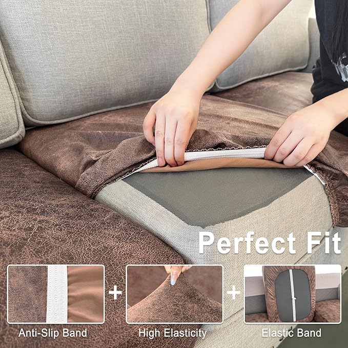 ANARACHON Leather Look Couch Cushion Covers Sofa Seat Slipcovers Sets Couches Furniture Protector for Sectional Armchair Loveseat Pets Kids Stretch Spandex Fabric (3 Cushion Sofa, Light Brown)