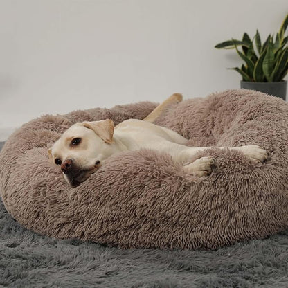 HACHIKITTY Calming Donut Cuddler Dog Bed, Round Fluffy Pet Bed with Sewn-in Cushion for Large Dogs,Washable, Taupe, XLarge 36''