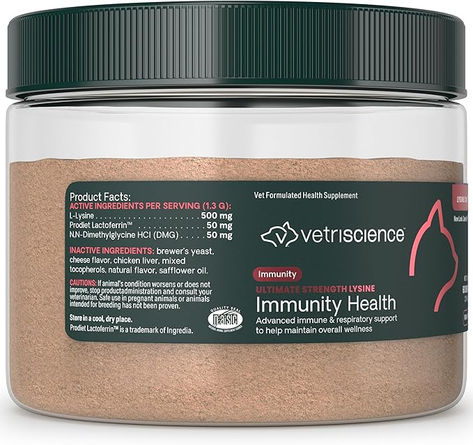 VetriScience Ultimate Strength Lysine Immunity Health Powder for Cats & Kittens, Supplement for Allergy & Nasal Support, Sneezing, Runny Nose & Watery Eyes, Chicken & Cheese Flavor, 60 Count -New Look