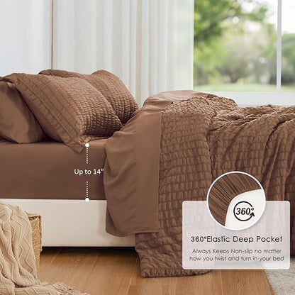 Love's cabin Seersucker Mocha Mousse Twin Comforter Set, 5-Piece All Season Lightweight Bed in a Bag Bedding Set with Comforter, Flat Sheet, Fitted Sheet, Pillowcase and Sham | Soft, Breathable, Lightweight