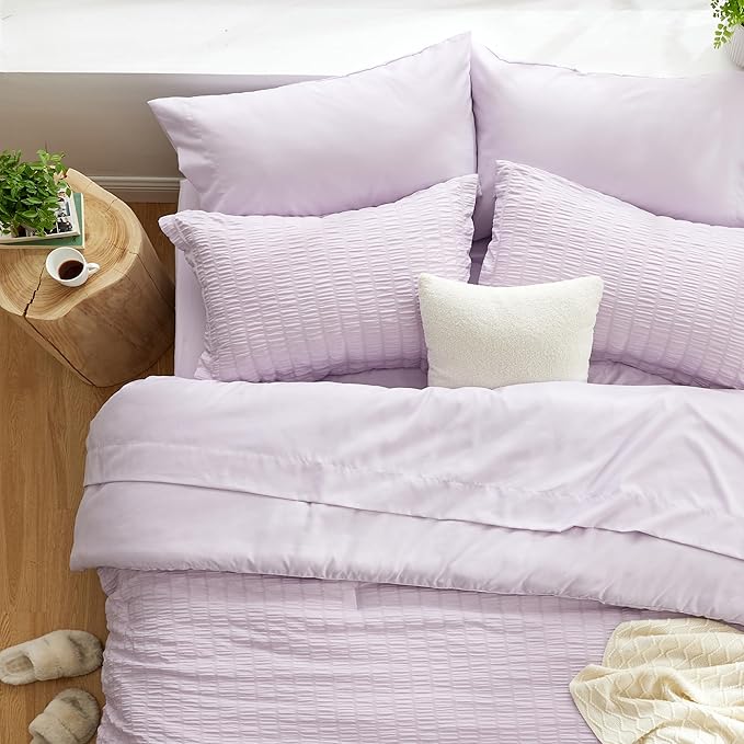 Love's cabin Seersucker Lavender Twin Comforter Set 5 Pieces, All Season Bedding Set, Twin Bed in a Bag Comforter Set with Comforter, Flat Sheet, Fitted Sheet, Pillowcase and Pillow Sham | Soft, Breathable, Lightweight