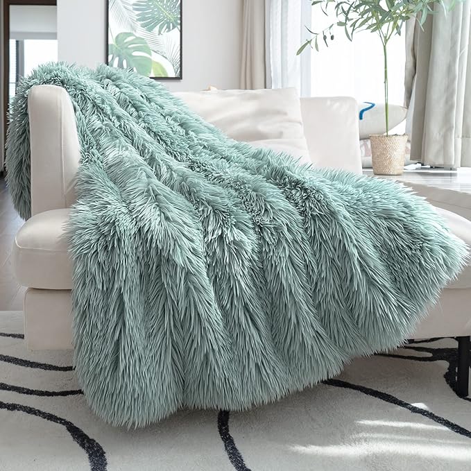 JONIYEAR Decorative 2.8" Long Hair Soft Fuzzy Faux Fur Throw Blanket 50" x 60",Luxury Reversible Fluffy Blankets for Couch Sofa Chair,Lightweight Accent Cozy Plush Thick Warm Shaggy Furry Blanket,Aqua