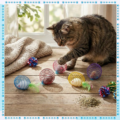 Jecery 5 Pcs Cat Spring Balls Toys Stretchable Rolling Balls Colorful Playful Coils Interactive Action Toy Caged Rats for Kitten Pet Supplies (Feathered Radish,Multicolor)