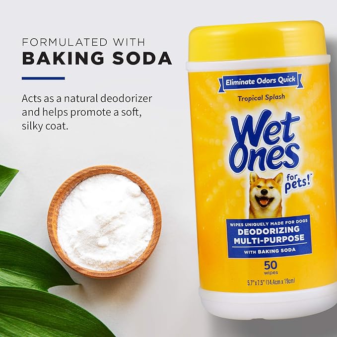 Wet Ones for Pets Deodorizing Multi-Purpose Dog Wipes with Baking Soda, 50 Count - 3 Pack| Dog Deodorizing Wipes for All Dogs in Tropical Splash Scent, Wipes for Deodorizing Dogs