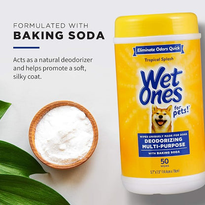 Wet Ones for Pets Deodorizing Multipurpose Dog Wipes with Baking Soda, Tropical Splash Scent - Desmellizing Wipes for Dogs in Canister, 50 Count - 3 Pack