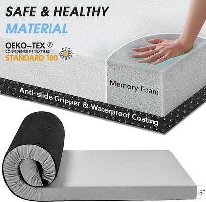 CYMULA Memory Foam Camping Mattress Pad,3inch Sleeping Pad for Camping,Non-Slip Bottom Floor Cot Car Mattress Bed with Retaining Portable Roll up Mattress Pad Mat for Travel Truck Guest Bed Tent