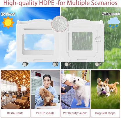 Acrylic Indoor Dog Playpen, Whelping Box with Pet Stroller, Puppy Playpen for Small Medium Pets, Cat Rabbit & Puppies, 6-Panel with Bottom Panel, 8 Wheels, Safe, Sturdy, White