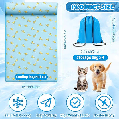 DoubleFill 4 Pack Cooling Dog Mats with Supportive Pillow 15.7" x 23.6" Self Cooling Dog Pads Ice Silk Washable Pet Cool Mat Summer Cat Sleeping Pad with Storage Bag for Crate Bed (Small, Blue)