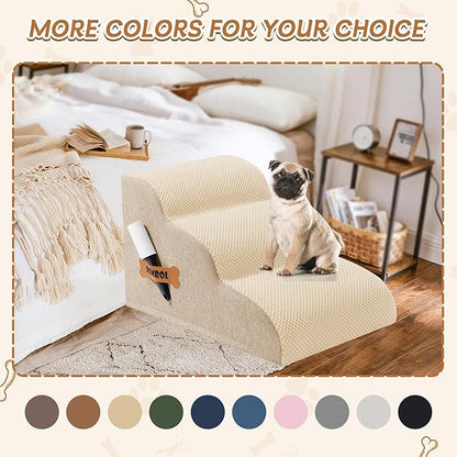 Romrol Dog Stairs Ramp for High Beds Couches, High Density Foam Pet Steps with Durable Non-Slip Waterproof Fabric Cover, Dog Stairs for Small Dogs or Cats or Pets, 3-Step,15 Inch,Beige