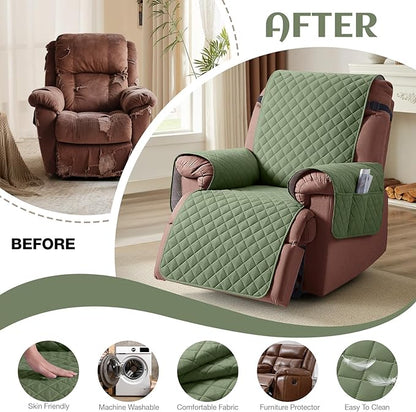KinCam 100% Waterproof Recliner Chair Cover, Reclining Couch Covers for Pets, Dogs, Recliner Couch Slipcover Furniture Protector with Elastic Straps for Kids(23.6", Cactus Green)