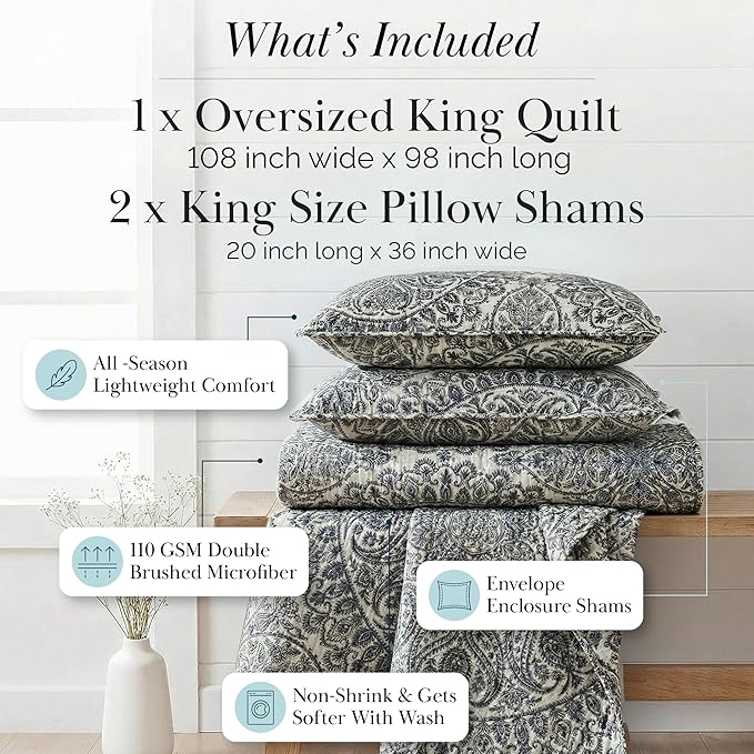 Southshore Fine Living, Inc. Ashanti Collection Oversized King Quilt Bedding Set, Soft Fabric, Lightweight Bedspread 3-Piece, Two Matching Shams (108 in Wide x 98 in Long), King/California Size, Grey