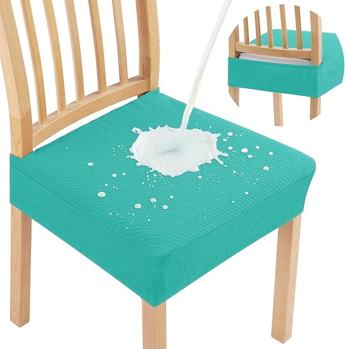 Smiry Waterproof Seat Covers for Dining Room Chairs Set of 4, Stretch Jacquard Removable Washable Chair Seat Slipcovers Protector, No Rear Covers, Teal