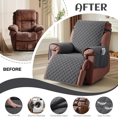 KinCam 100% Waterproof Recliner Chair Cover, Reclining Couch Covers for Pets, Dogs, Recliner Couch Slipcover Furniture Protector with Elastic Straps for Kids(23.6", Charcoal Gray)