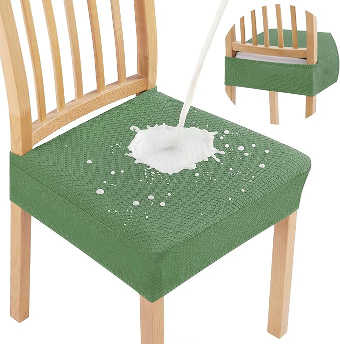 Smiry Waterproof Seat Covers for Dining Room Chairs Set of 8, Stretch Jacquard Removable Washable Chair Seat Slipcovers Protector, No Rear Covers, Green