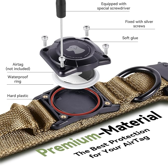 2026 Upgrade Waterproof AirTag Dog Collar, Military Tactical Dog Collar with AirTag Holder, Comfortable Control Handle and Metal Buckle, GPS Dog Collar Holder for Medium to Large Dogs (Khaki, M)