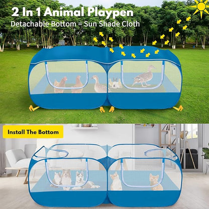 Small Animals Playpen with Detachable Bottom, Breathable Mesh Walls, Portable Indoor/Outdoor Pet Cage Tent for Rabbits, Puppies, Kittens, Chicks (Blue)