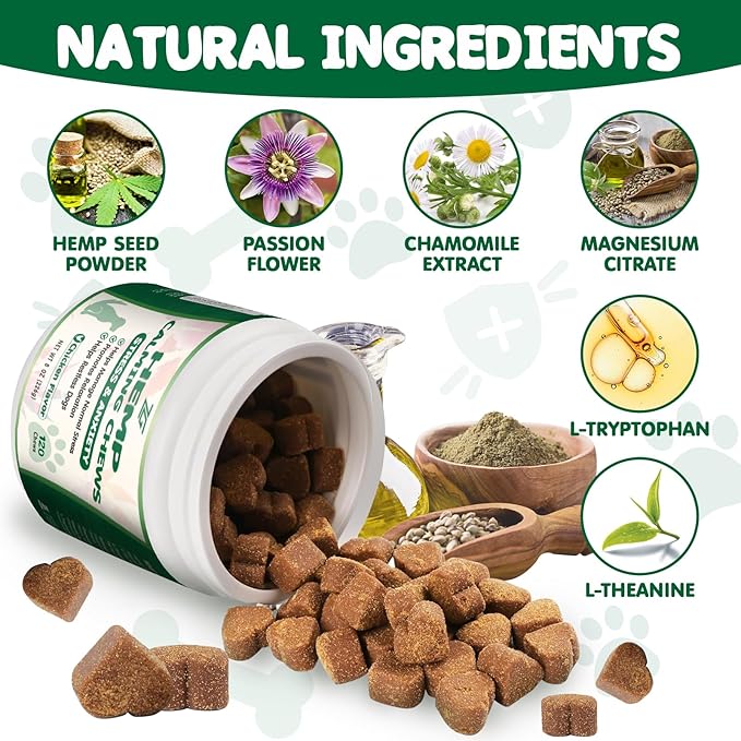 Calming Chews for Dogs, Dog Calming Chews - Anxiety Relief Treats - Dog Supplements Helps with Separation, Barking, Stress Relief, Composure, Promote Relaxation - Natural Ingredients