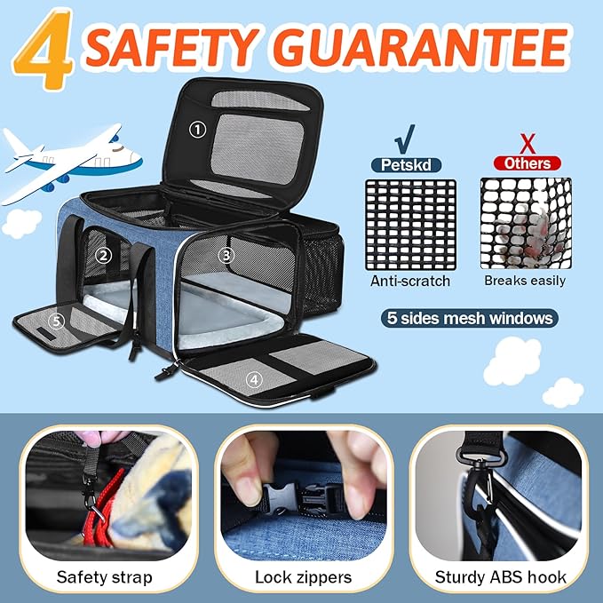 Petskd Top and Side Expandable Pet Carrier with Wheels 17x12x8.5 Inches JetBlue Frontier Spirit Airline Approved, Soft-Sided Carrier for Small Cats and Dogs with Locking Safety Zippers(Blue)