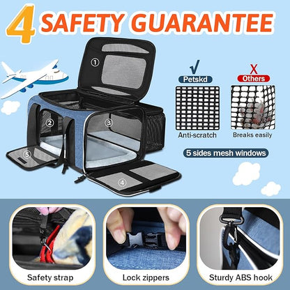 Petskd Top and Side Expandable Pet Carrier with Wheels 17x11x9.5 Inches Alaska Airline Approved, Soft-Sided Carrier for Small Cats and Dogs with Locking Safety Zippers and Anti-Scratch Mesh(Blue)