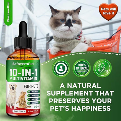 Сat Vitamins for Indoor Cats – Liquid 10-in-1 Multivitamin for Dogs – C, D3, B Group, for Skin, Coat, & Breathing – Natural Protection for Pets of All Ages – For Digestion & Bones – Beef Flavor – 2 Oz