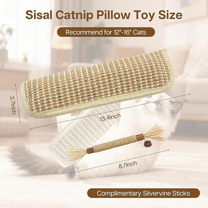2 Pack 13.4 inch Sisal Pillow Catnip Toy for Cats with Silvervine Sticks, Cat Toys with A+ Organic Catnip Interactive Kicker Toy Scratch-Resistant Safe Chew Toy Teeth Cleaning for Indoor