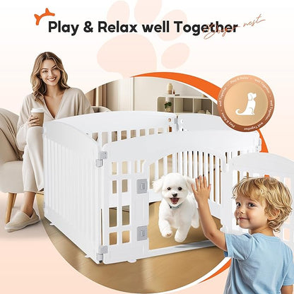 HealSmart 4 Panel Dog Playpen, 24” Exercise Puppy Playpen with Door, Safe, Secure, Folding & Portable Pet Playpen for Indoor & Outdoor Use, Suitable for Puppies and Small, White