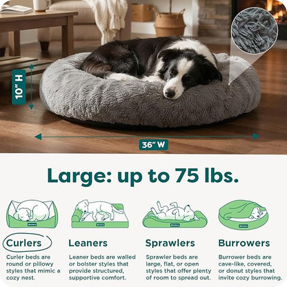Furhaven 36" Round Calming Donut Dog Bed for Large/Medium Dogs, Refillable w/ Removable Washable Cover, For Dogs Up to 75 lbs - Shaggy Plush Long Faux Fur Donut Bed - Gray, Large