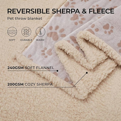 Luciphia Waterproof Pet Blankets Whith Paw Print for Couch Sofa Bed Cover, Liquid Pee Proof Soft Fluffy Dog Blanket Washable, Reversible Furniture Protection Puppy Cat, Khaki, Large（65" x 57"）
