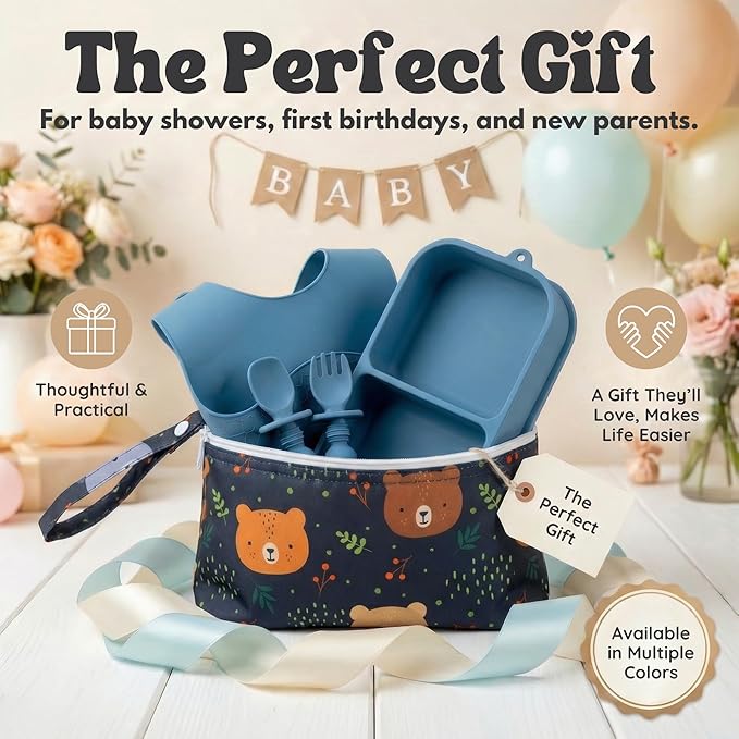 Baby Travel Essentials 6 Pc Silicone Feeding Set - Portable Toddler Plates with Suction, Baby Spoons & Foldable Bib in Carrying Case - BPA-Free Infant & Toddler Utensils for Airplanes & Eating Out